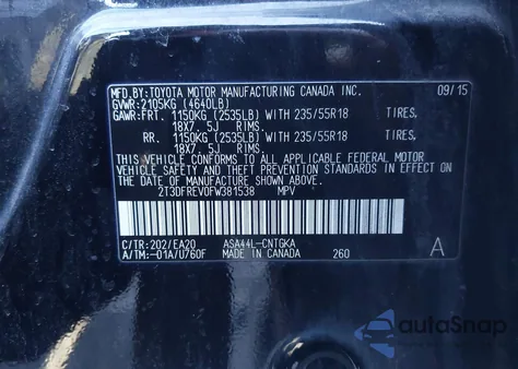 2015 Toyota Rav4 Limited из США, поврежденный, VIN 2T3DFREV0FW381538